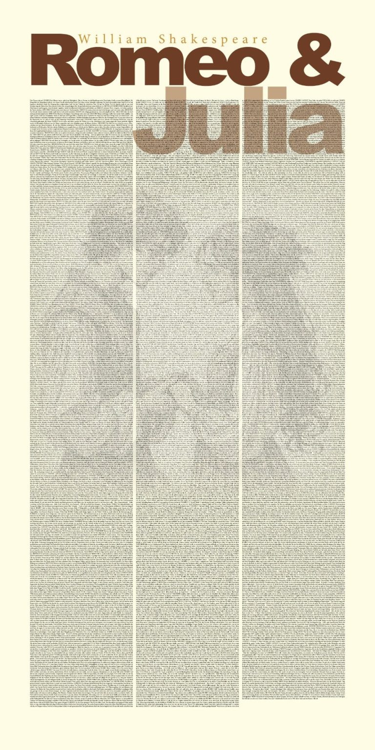 Poster "Romeo und Julia" von William Shakespeare. Der komplette Text ansprechend grafisch gestaltet. 