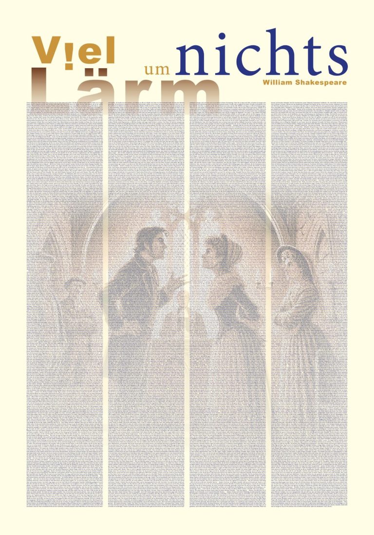 Poster "Viel Lärm um nichts" von William Shakespeare. Der komplette Text ansprechend grafisch gestaltet. 