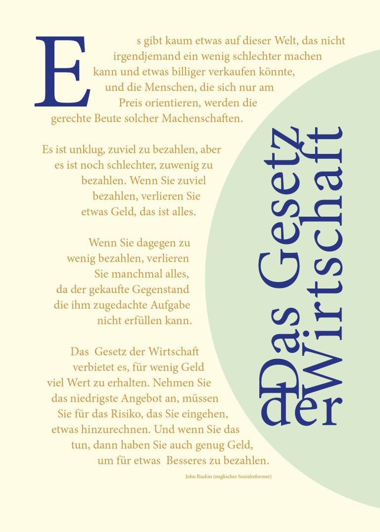 Poster "Das Gesetz der Wirtschaft" von John Ruskin. Der komplette Text ansprechend grafisch gestaltet. 