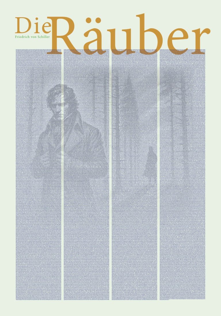 Poster "Die Räuber" von Friedrich Schiller. Der komplette Text ansprechend grafisch gestaltet.