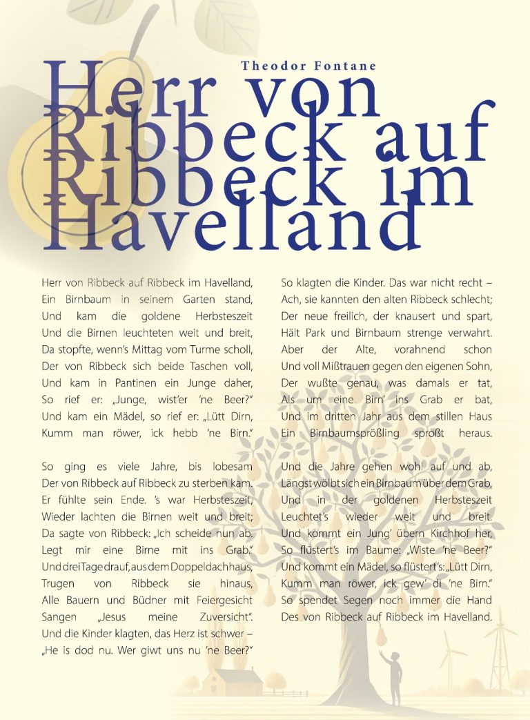 Poster "Herr von Ribbeck" von Theodor Fontane. Der komplette Text ansprechend grafisch gestaltet. 