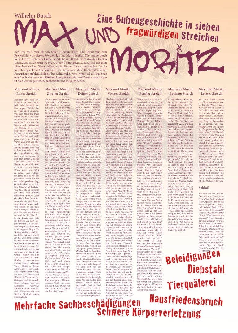 Poster "Max und Moritz" von Wilhelm Busch. Der komplette Text ansprechend grafisch gestaltet. 