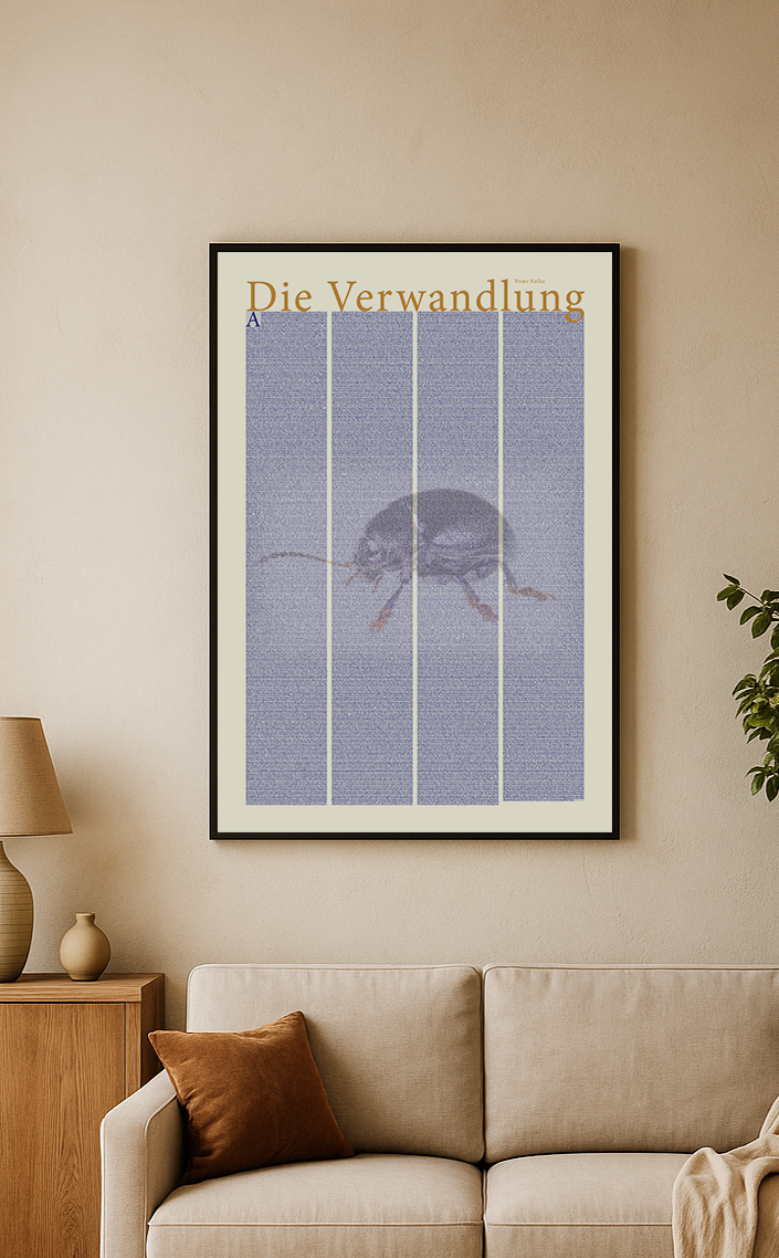 Poster "Die Verwandlung" von Franz Kafka, der komplette Text grafisch außergewöhnlich ausgestaltet. Poster, Format 70x100 cm "Die Verwandlung" von Franz Kafka. Der komplette Text anschaulich gestaltet.
