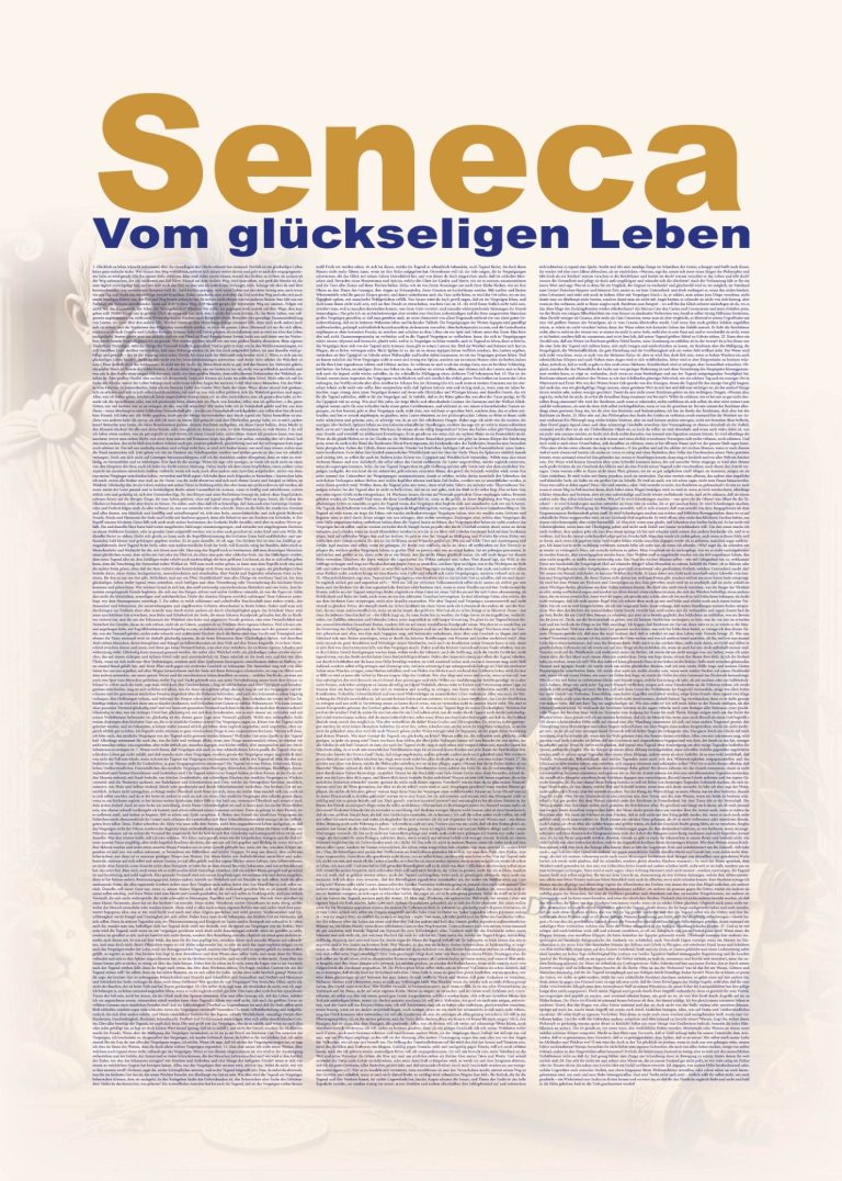 Poster "Vom glückseligen Leben". Der komplette Text ansprechend grafisch gestaltet. 